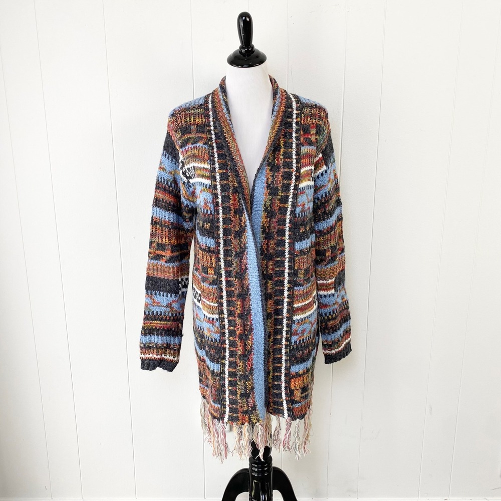 Angie Multi-Color Geometric Open Front Fringe Knit Long Cardigan Size Large Boho